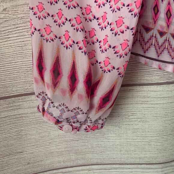 Decree Pink Sheer Geometric Pattern Blouse Swim Cover Up Tie Neck Size M - Picture 6 of 16
